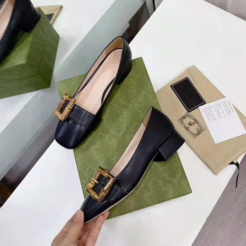 

Classic high heel boat shoes designer leather thick heel high heel 100% cowhide round head metal button womens dress shoes large 34-41, Black