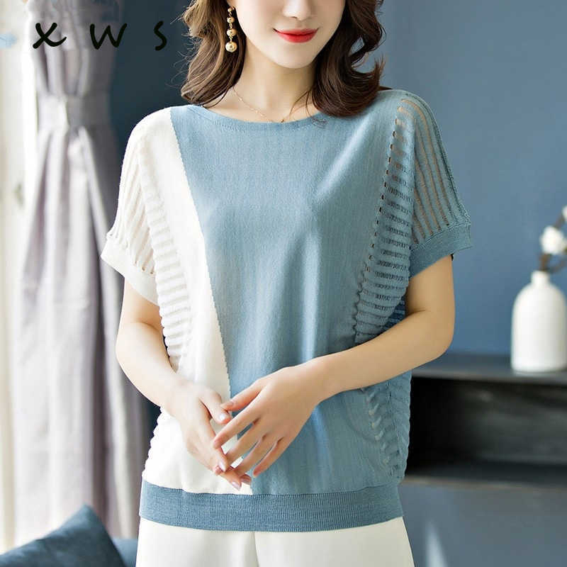 

Women summer thin Sweaters Casual o neck patchwork Pullover and Jumpers Real Rabbit Fur Sweater pull femme Pullovers 210604, Blue