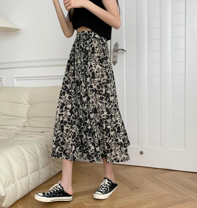 

Skirts Printed Long For Women Retro Pleated Hem Fold Summer Women's Korean Skirt With Drawcord Stretch Waist MIDI S-3xl, Skirt-9862