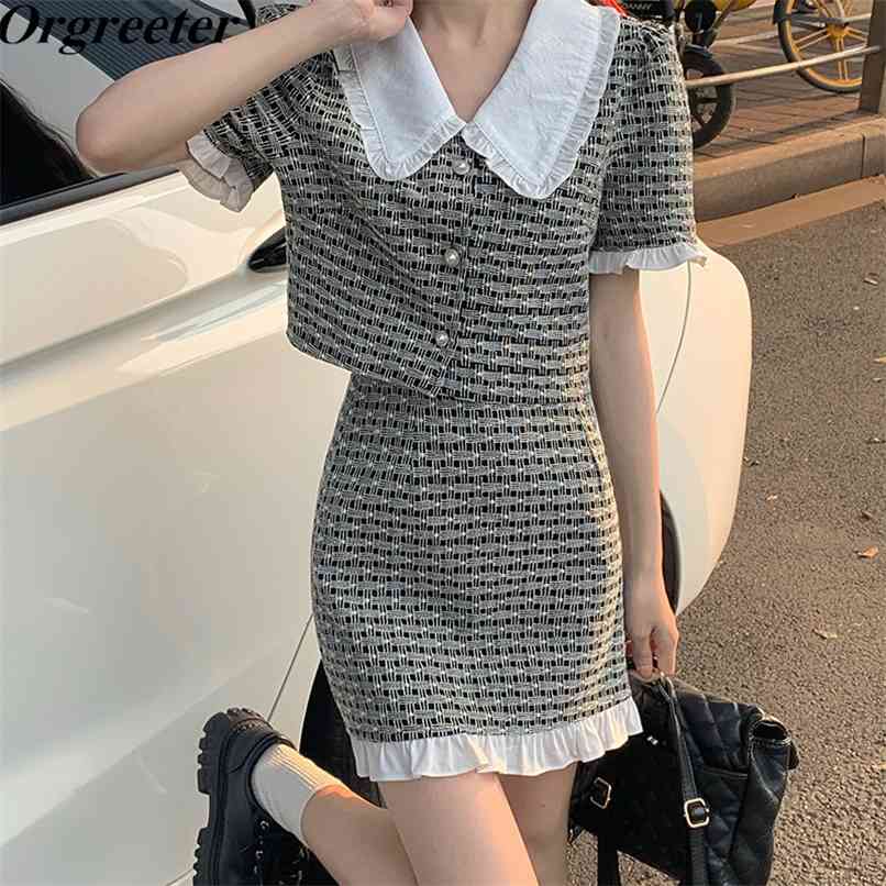 

Korean Sweet 2 piece set Women Summer Doll collar Single-breasted Short Blouse + High waist Ruffles Skirt conjuntos de mujer 210602, Black