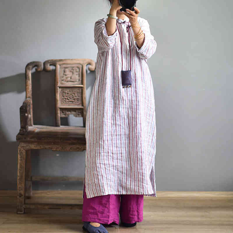 

Johnature Autumn Retro Striped Stand Plate Buckle Long Sleeve Dress Cotton Linen Comfortable Women Fashion Dresses 210521, Color 2