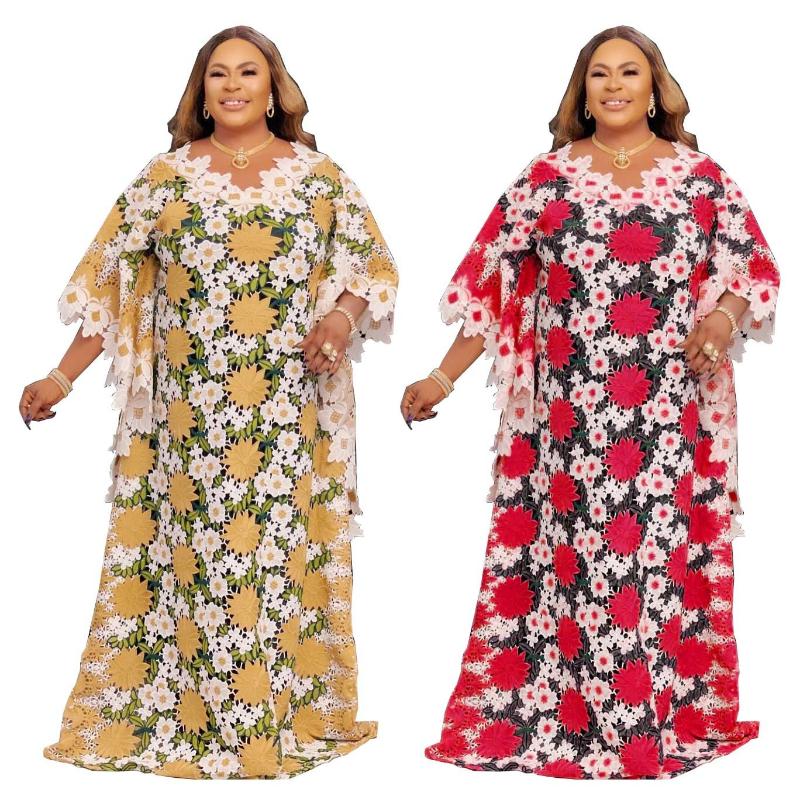 

Casual Dresses 2021 Lace Hollow Dress 2-Piece Set African Clothing Fashion Dashiki Embroidery Women Robe + Inner Skirt High-End Long, Red