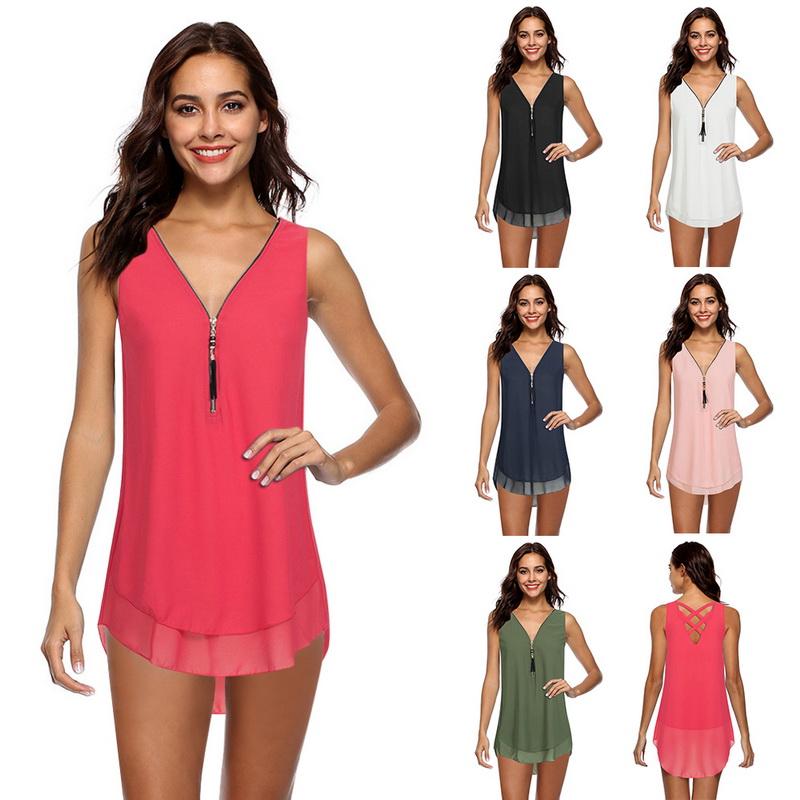 

Women' Blouses & Shirts Dihope Casual Women Chiffon Blouse 2021 Summer Short Sleeve Cross Zipper Loose Tank Top Blusas Plus Sizes Feminina, Half sleeve pink