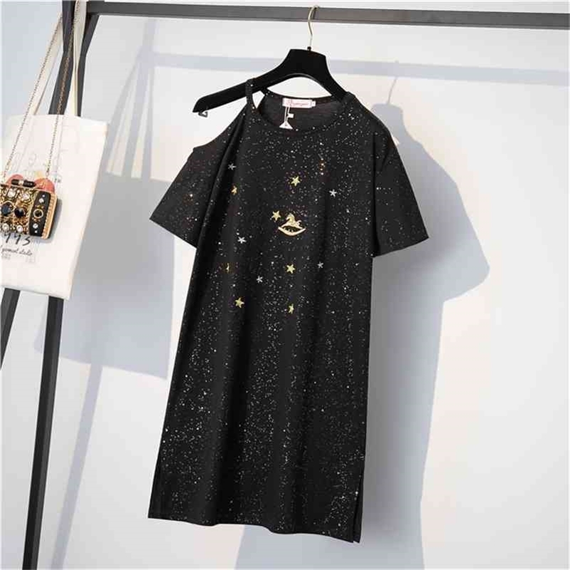 

4XL Summer Women O Neck Hollow Out Short Sleeves Casual T-shirt Dress Female Dresses A2359 210519, Black