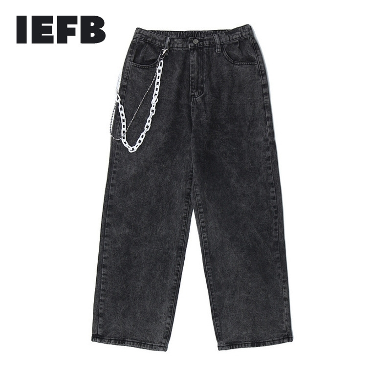 

IEFB Spring Men's High Street Ins Straight Tube Loose Blck Jeans Male's Washed Casual Hip Hop Floor Pants With Chian 210524, Black 9y4999