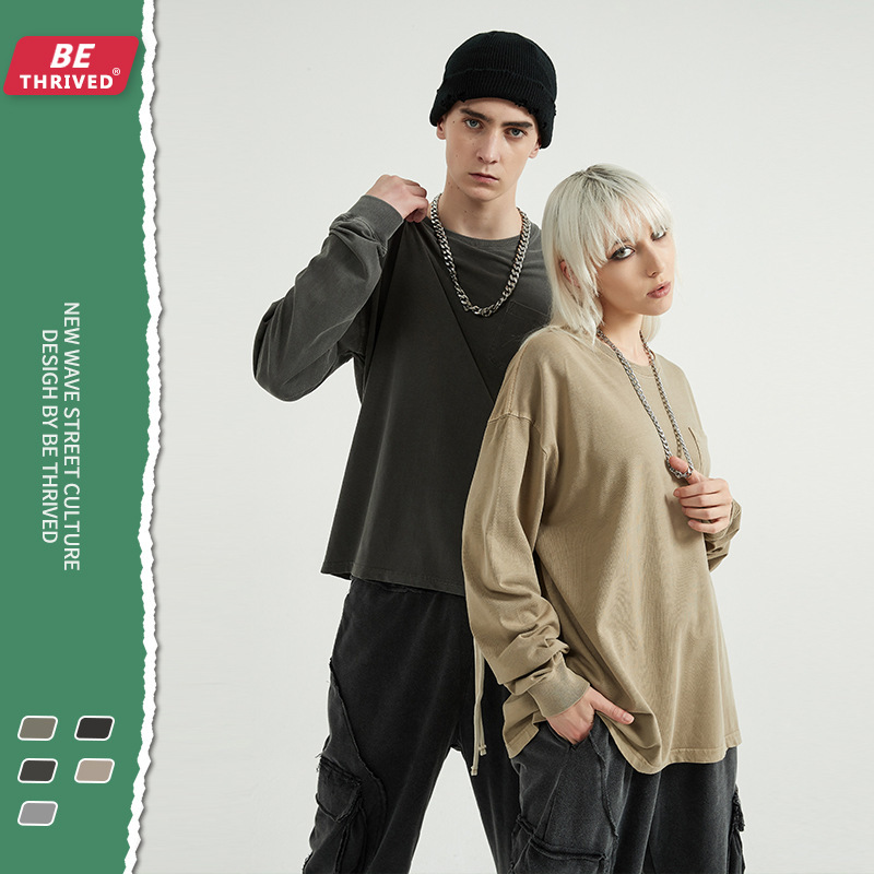 

be menswear | autumn and winter 2021 oversize used pocket bottom shirt gaojie loose fashion brand long sve t-shirt, White;black