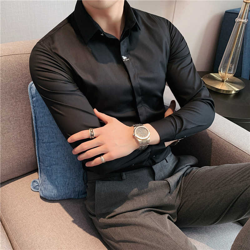 

High Quality Shirts for Men Solid Color Business Casual Shirt Long Sleeve Slim Fit Social Party Men Clothing Camisa Masculina 210527, Blue