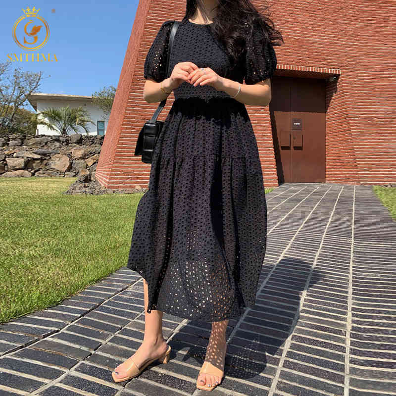 

Fashion Korean Chic Summer Dress Elegant Temperament Lace Hollow Out Puff Sleeve High Waist Mid-Calf Dresses 210520, Photo color