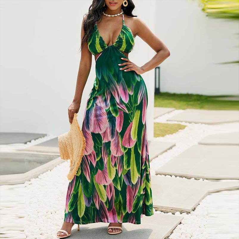 

fashionable sleeveless halter neck women dresses tie feather print lingerie hollow beach bohemian party maxi, Black;gray