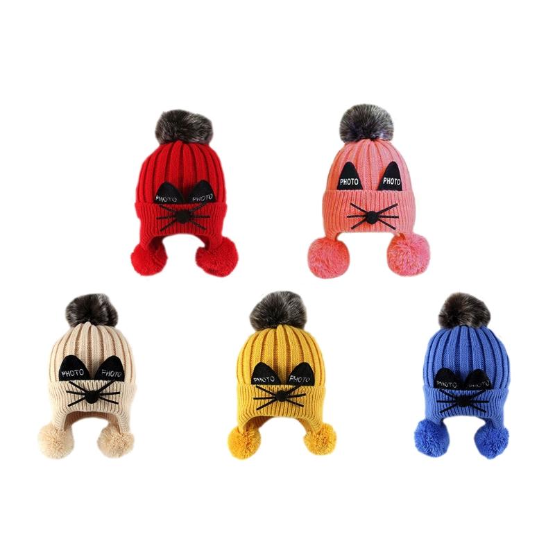 

Caps & Hats Baby Earflap Knitted Hat Autumn Winter Warm Kids Fur Ball Beanie Bonnet For Children Born, Yellow