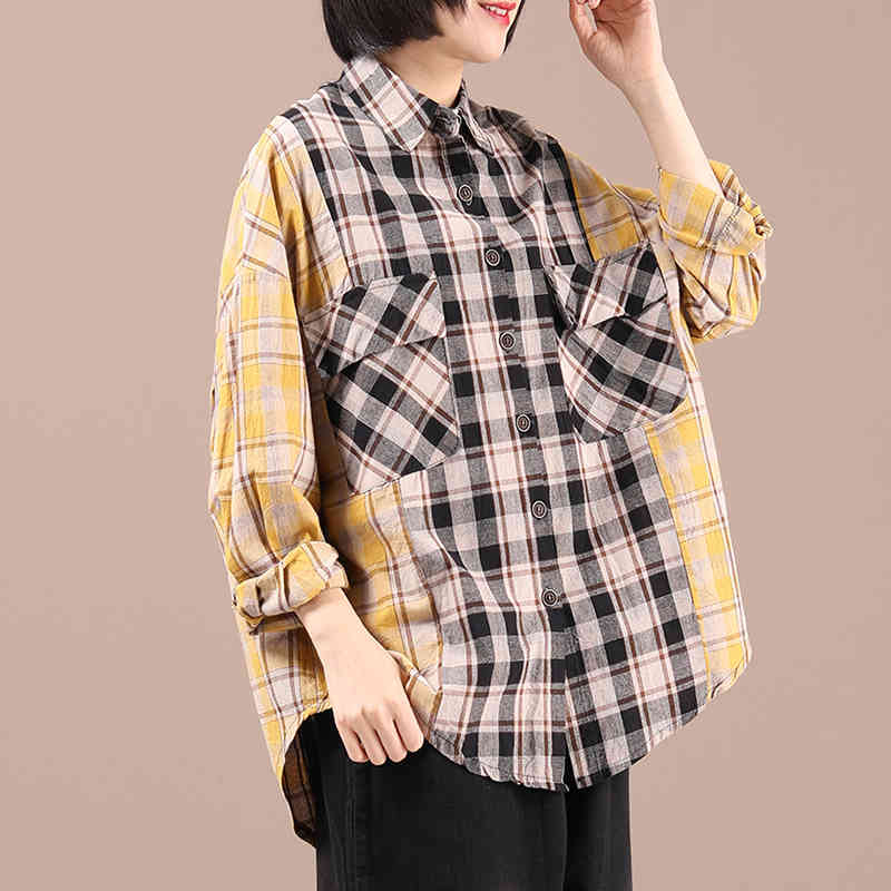 

Johnature Women Plaid Vintage Shirts Cotton Patchwork Tops Spring Turn-dwon Collar Female Clothes Korean Style Shirts 210521, Yellow