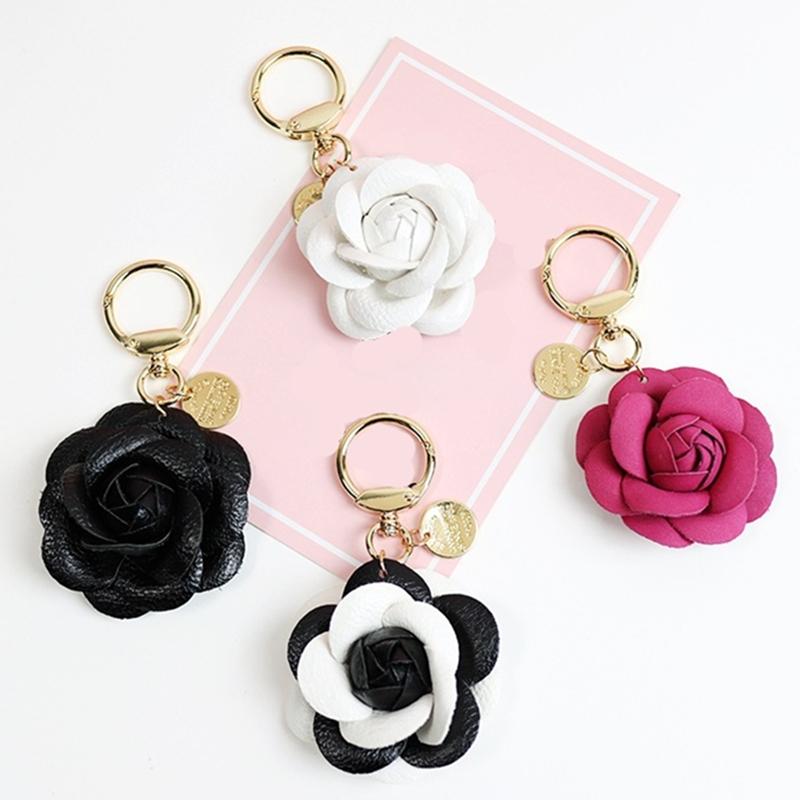 

Camellia Flower Keyrings Bag Charms PU Leather Pendant Car Key Chains Accessories Black White Rose Red Jewelry Keychains Rings Holder for Women, Silver