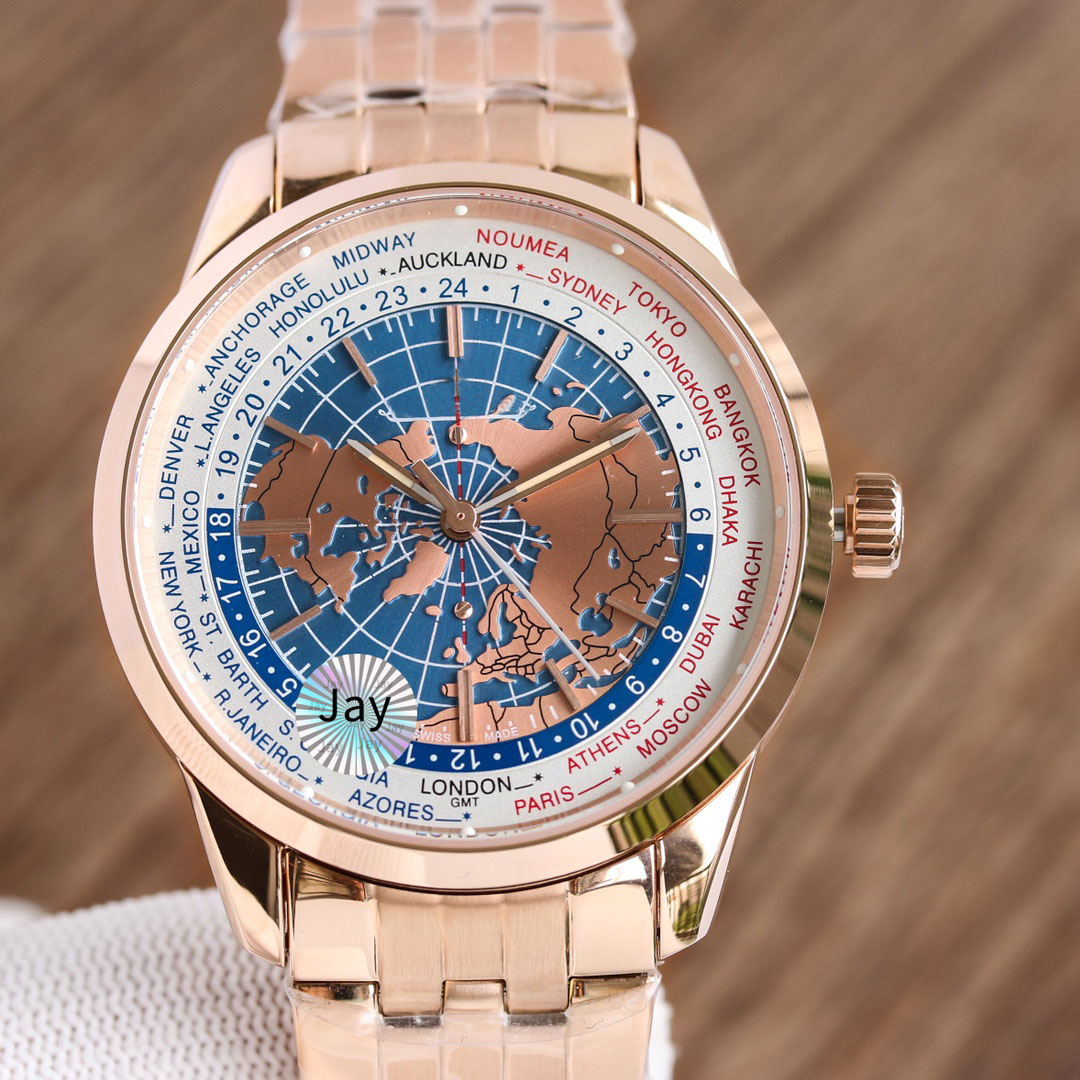 

Luxury 810-8120 Geophysical Observatory Mens Watch 772 Automatic Mechanical Sapphire Crystal 18k Rose Gold Wristwatch World Time, Slivery;brown