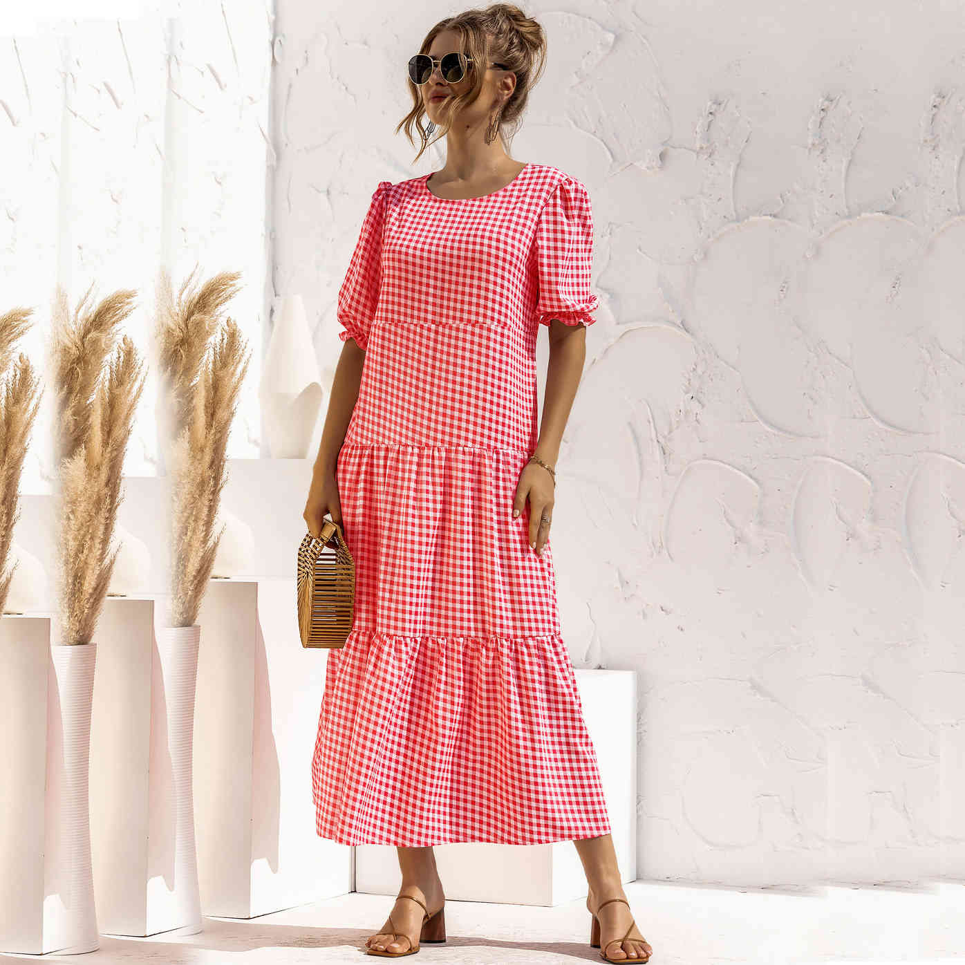 

Beho long dress women Spring Summer Ball Gown Puff Sleeves Loose Waist O-Neck Plaid Casual Women' Ankle-length Dress 210524, Balck dots