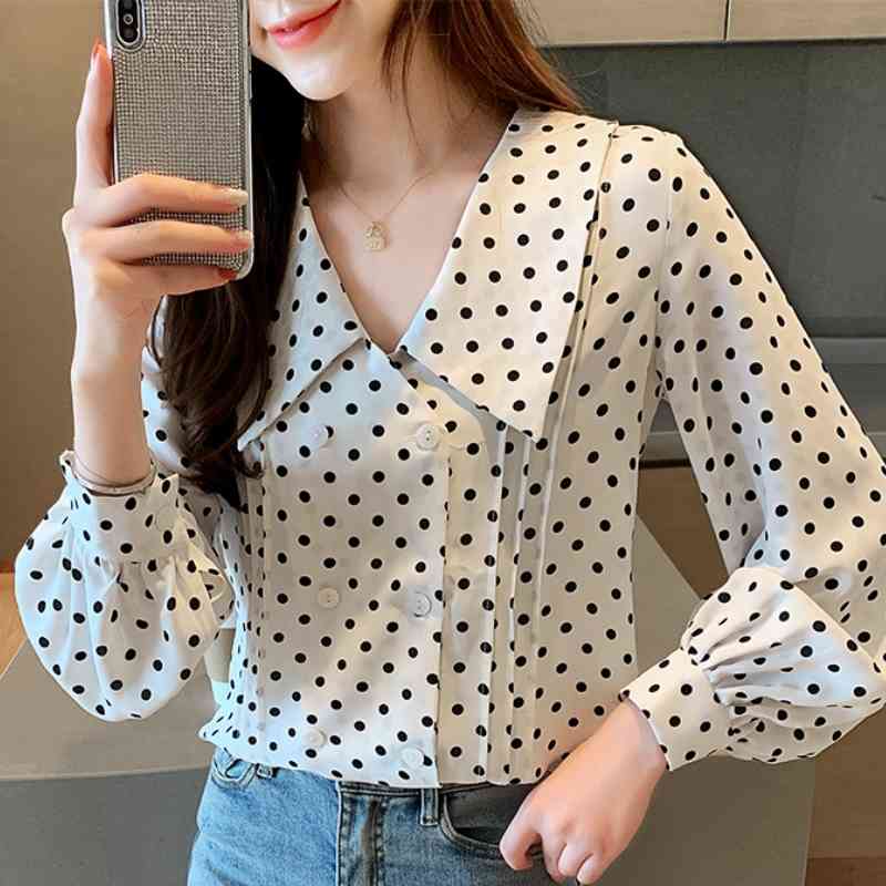 

Blouses Woman Casual Black Dot White Chiffon Blouse Womens Tops And Blouses Long Sleeve Women Shirts Blusa Feminina C52 210602