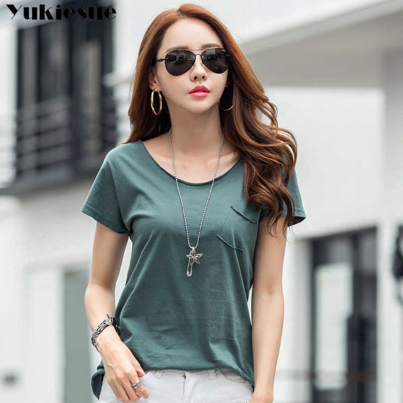 

Slim Short Sleeve Women's Shirts Summer female T-Shirt Blue Green White Casual t shirt Ladies tops soft Cotton Tee Shirt 210608, Black