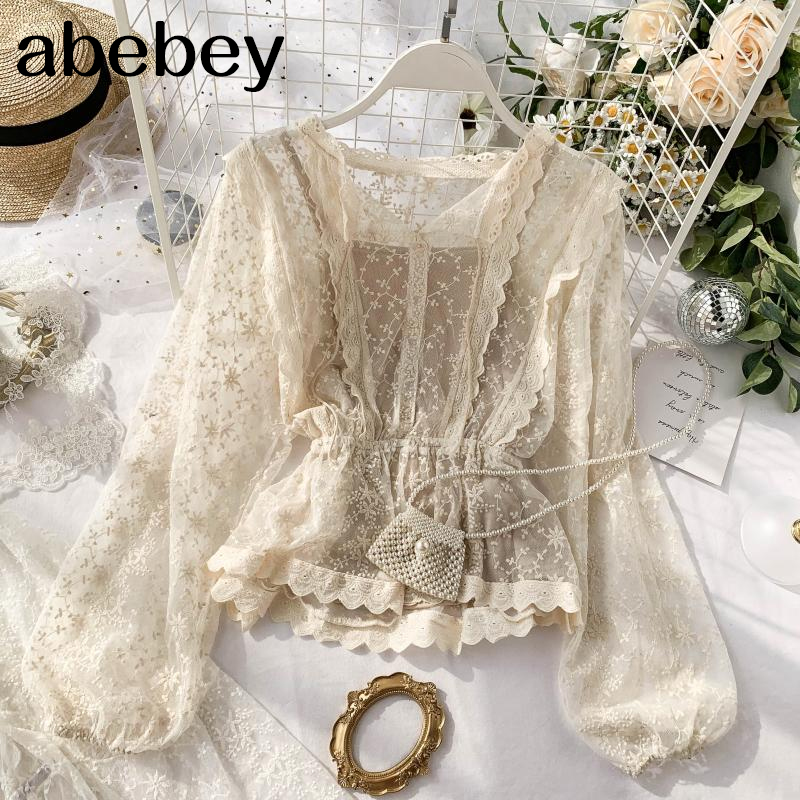 

autumn lace blouse shirt ladies French retro palace lantern sleeves lotus leaf lace shirts 2021, Beige