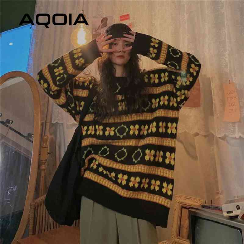 

Winter Vintage O Neck Loose Knit Flower embroidery Women' Sweaters Plus Size Women Sweater Fashion Warm Female Pullover 210521, Sku