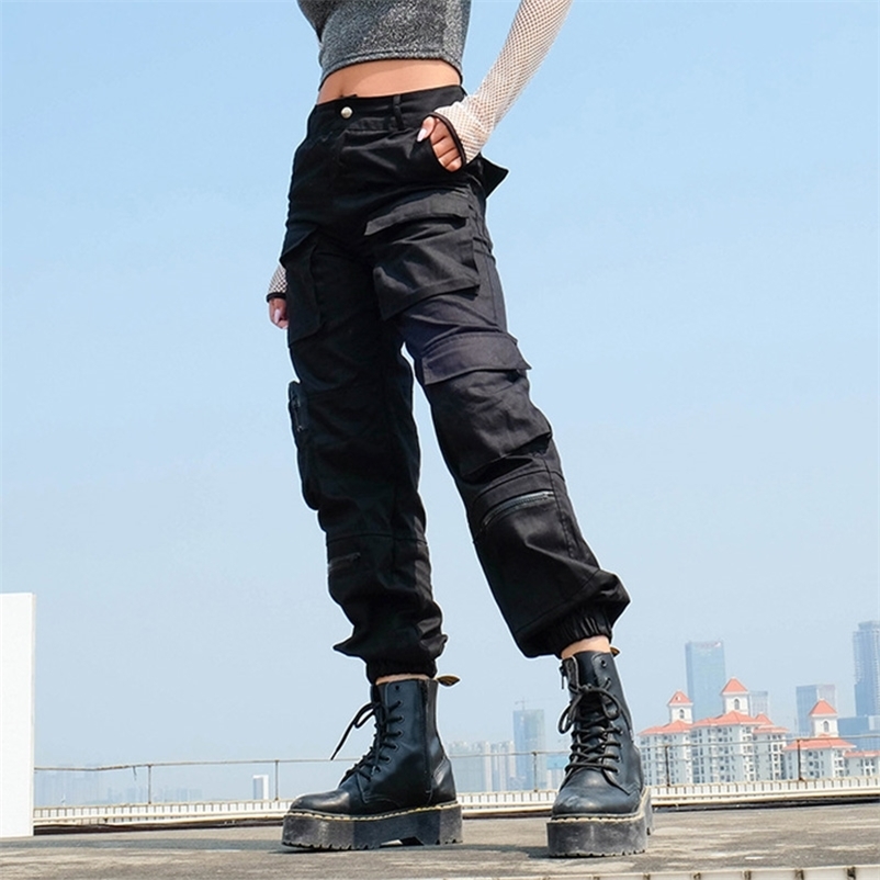 

Women's Black Cargo Joggers Pants Multy Pockets Hippie Autumn High Waist Irregular Hip Hop Loose Casual Trousers for Women 210524