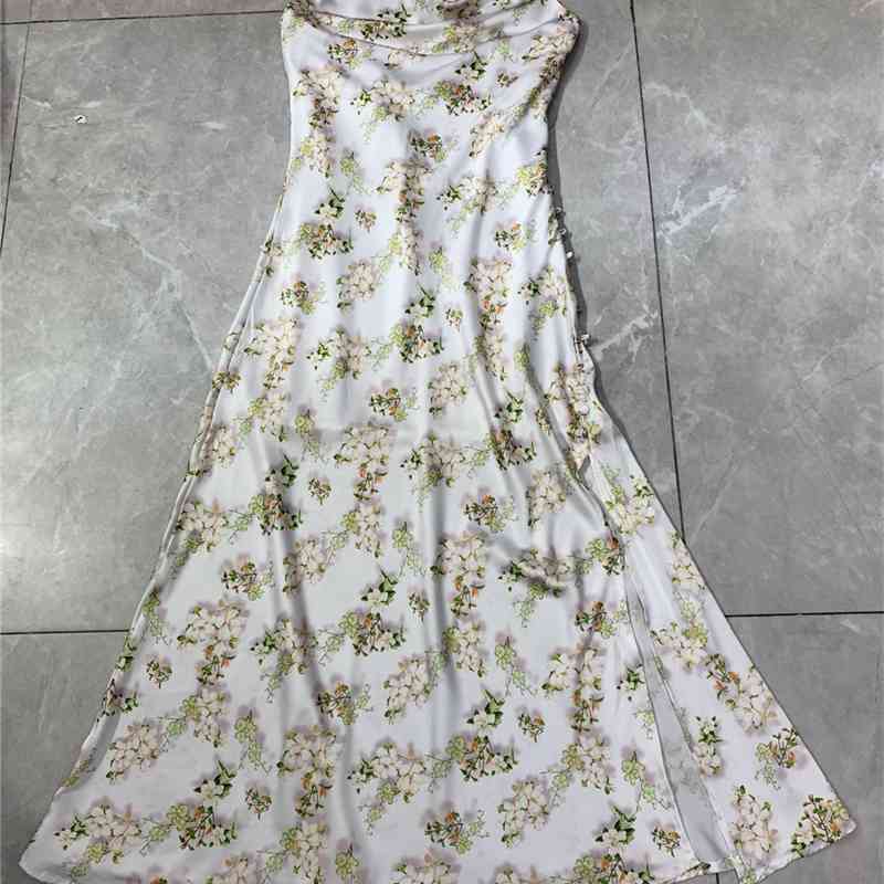 

Truevoker Summer Runway Sexy Satin Slip Dress Lady Elegant Flower Print Spaghetti Strap Vestido Women Party Robe Mujer 210602, Ivory