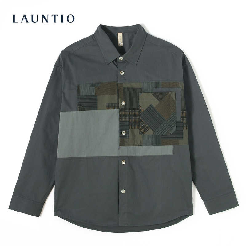 

Launtio autumn and winter long sleeve contrast coat men's youth leisure pocket asymmetric splicing shirt men, White;black