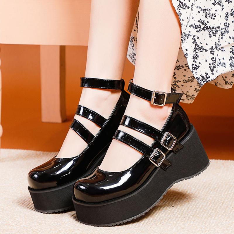

Female Round Toe Punk Cos Lolita Marry Jane Shoes Platform High Wedges Buckle Women Pumps Fashion Dress, White