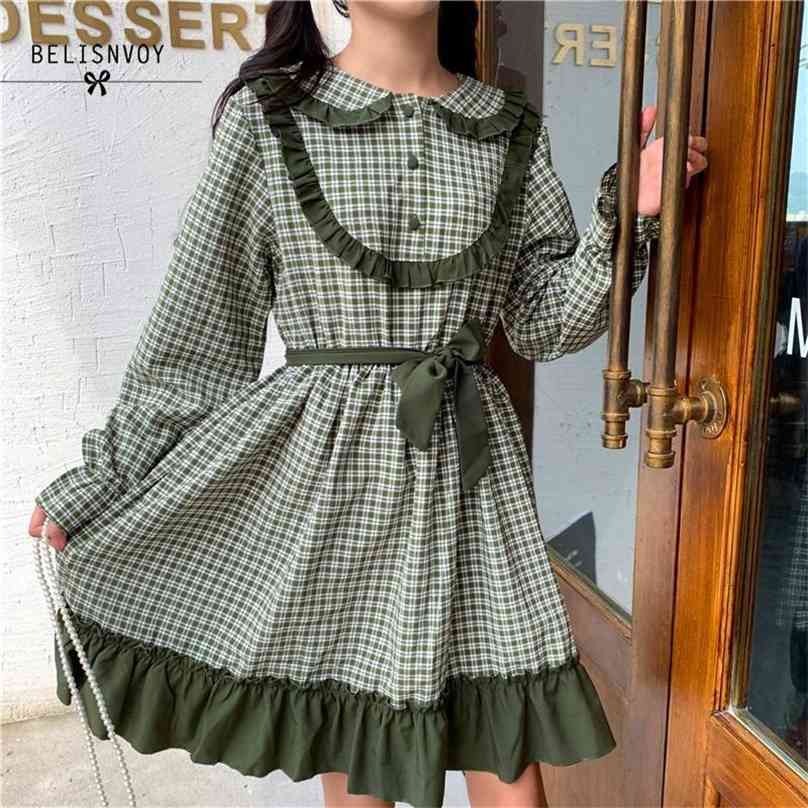 

Japanese Lolita Style Autumn Spring Women Cute Dress Peter Pan Collar Army Green Black Plaid Kawaii Ruffles Bow 210520, Long sleeve black