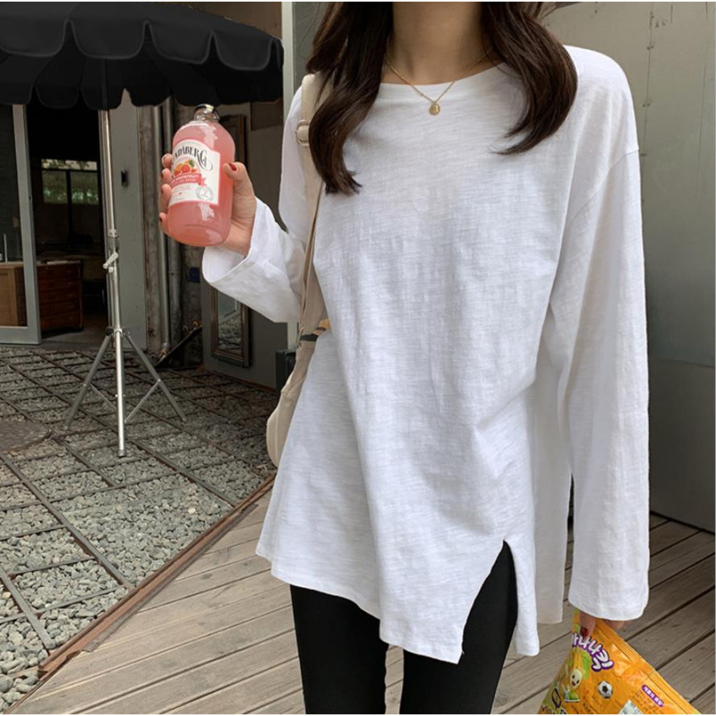 

Women's T-Shirt CTRLLOCK Side Split Round Collar Woman Cotton T-Shirts Solid Color Loose Casual Long Female Autumn Bottoming Shirt, White