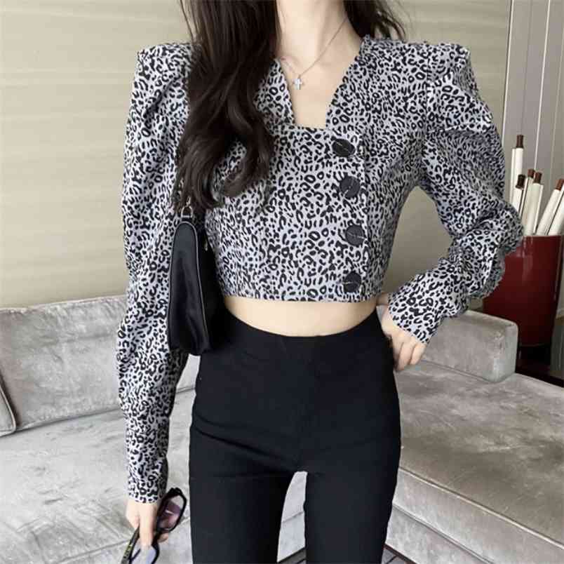 

Retro Spring Elegant Leopard print Shirts Square Collar Puff Long Sleeve Blouse Korean Clothes Women Short Tops 210519, Photo color