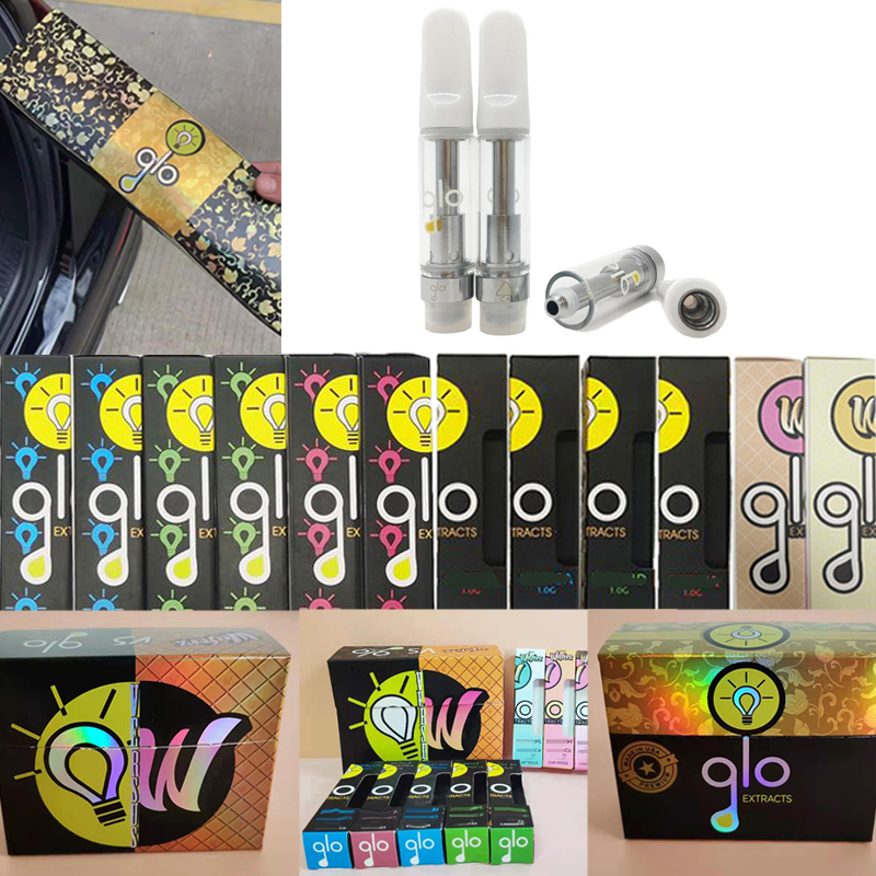 

GLO Extracts Oil Vape Carts Waferz 0.8ml 1.0ml Atomizers Ceramic Coil Glass Tube Cartridges With 10 Strains Display Reflective Packaging Box