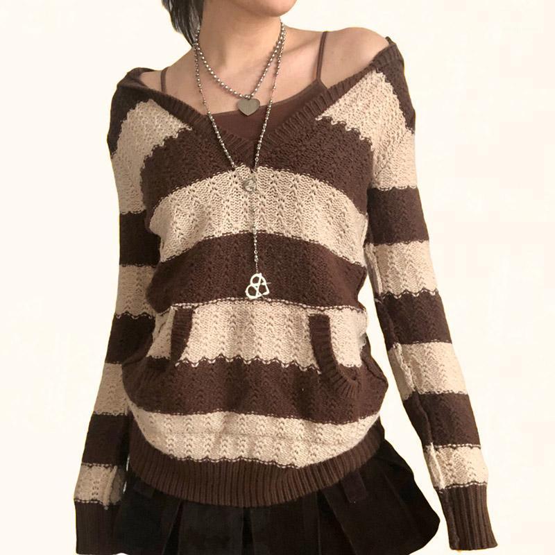 

Women' Sweaters WeiYao Crochet V Neck Women Striped Sweater Grunge Brown Hooded Vintage Knitted Long Sleeve Winter Jumper Pull Retro