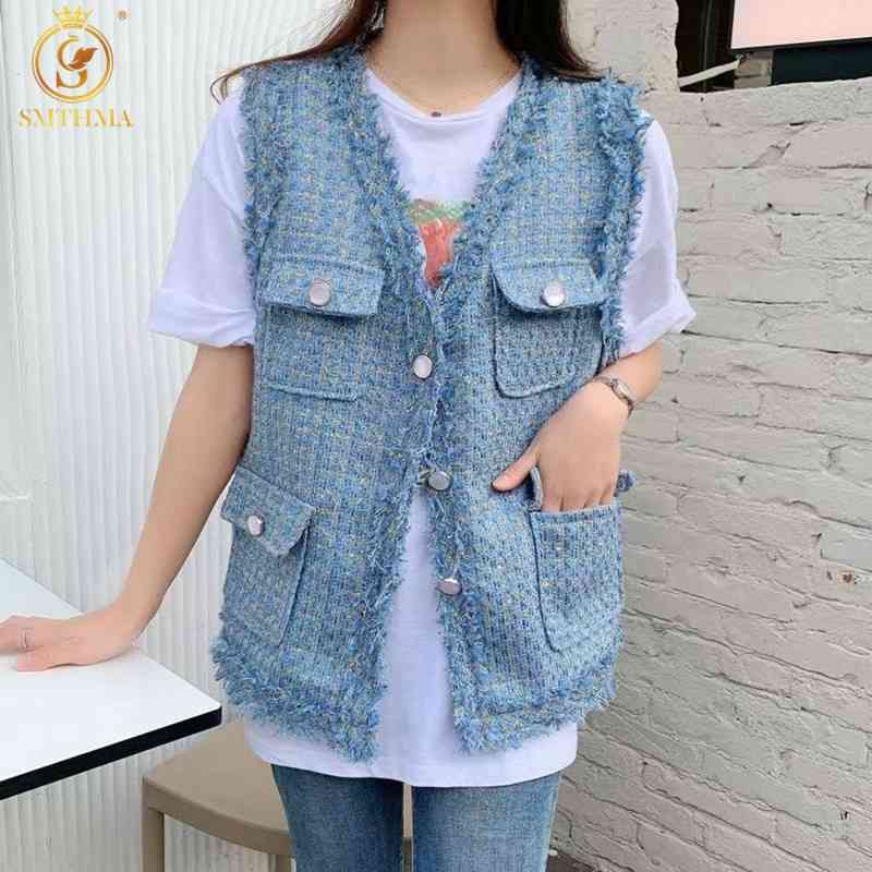 

Autumn Women Tassel Tweed Vest Sleeveless Jacket Fashion Pocket V-Neck Coat Lady Loose Vests 210520, Photo color