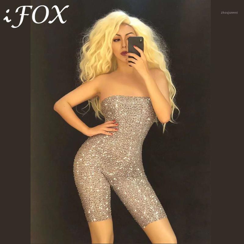 

Sexy 2 Colors Sparkly Rhinestones Mesh Playsuits Strapless Sleeveless Women Stage Dance Bodysuits Birthday Celebrate Party Wear Women's Jump, Pink