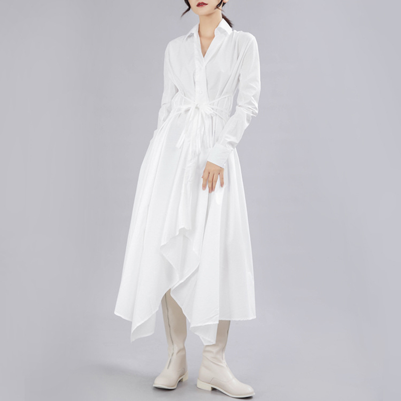 

2021eam 2021 new spring autumn lapel long sleeve button bandage stitch pleated irregular shirt dress women fashion tide jy778, Black;gray