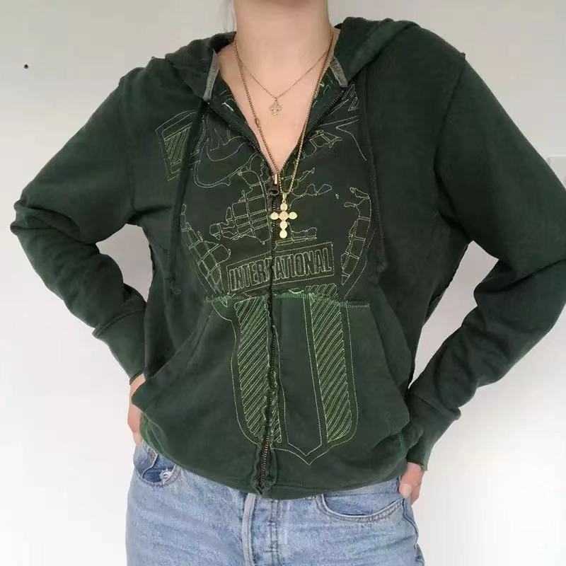 

Women Hoodies With Pockets 90S Vintage Graphic Y2K Esthetic Jacket Top E-Girl Sweatshirts Lent Herfst Printed Rits Closure, Model