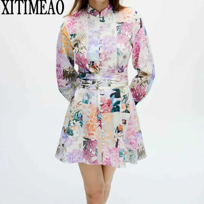 

ZA Women Mini Dresses Spring Autumn Vintage Print Casual Long Sleeve Shirt Dress Leisure Vacation With Belt 210602, Pink