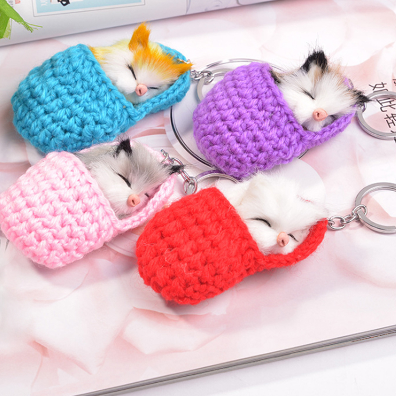 

10Pieces/Lot Cute Sleeping Cat Pompom Keychains Women Girls Handmade Woven Slipper Faux Fur Kitten Key Rings Fluffy Bag Car Pendants Gift