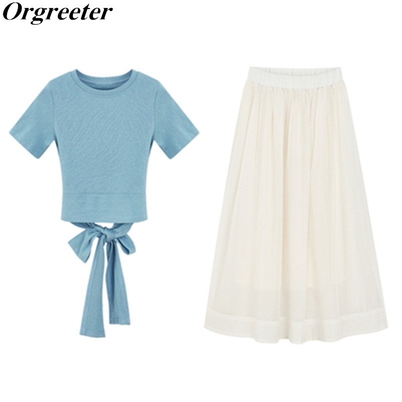 

Summer Women Sweet Bowknot Irregular Solid Cotton Tshirt + Ball Gown A-line Skirts Two piece Sets 210525, Blue