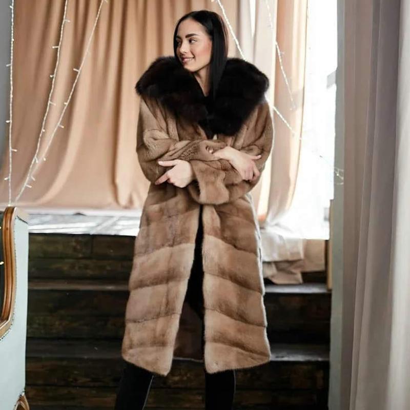 

Women's Fur & Faux Fashion Long Real Mink Coats For Women 2021 Winter Full Pelt Genuine Coat With Hood Luxury Overcoat, Black