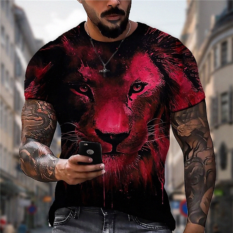 Men's Unisex T shirt 3D Print Graphic Prints Lion Crew Neck Street Daily Print Short Sleeve Tops Casual Designer Big and Tall Sports Red Q6c1#