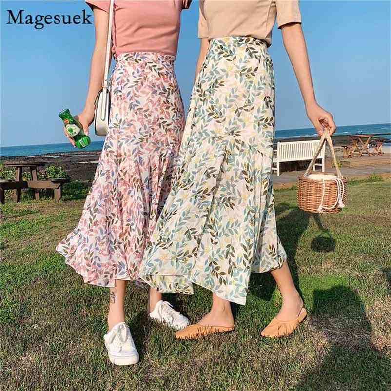 

Floral A-type Irregular Ruffled Maxi Skirts Green and Pink Summer High Waist Printed Chiffon Skirt Jupe Femme 10012 210518