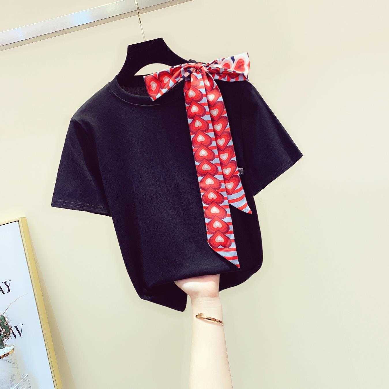 

SuperAen Summer Solid Loose Love Scarf Shawl Short Sleeve O Neck T-shirt Women's Tops 210615, Black