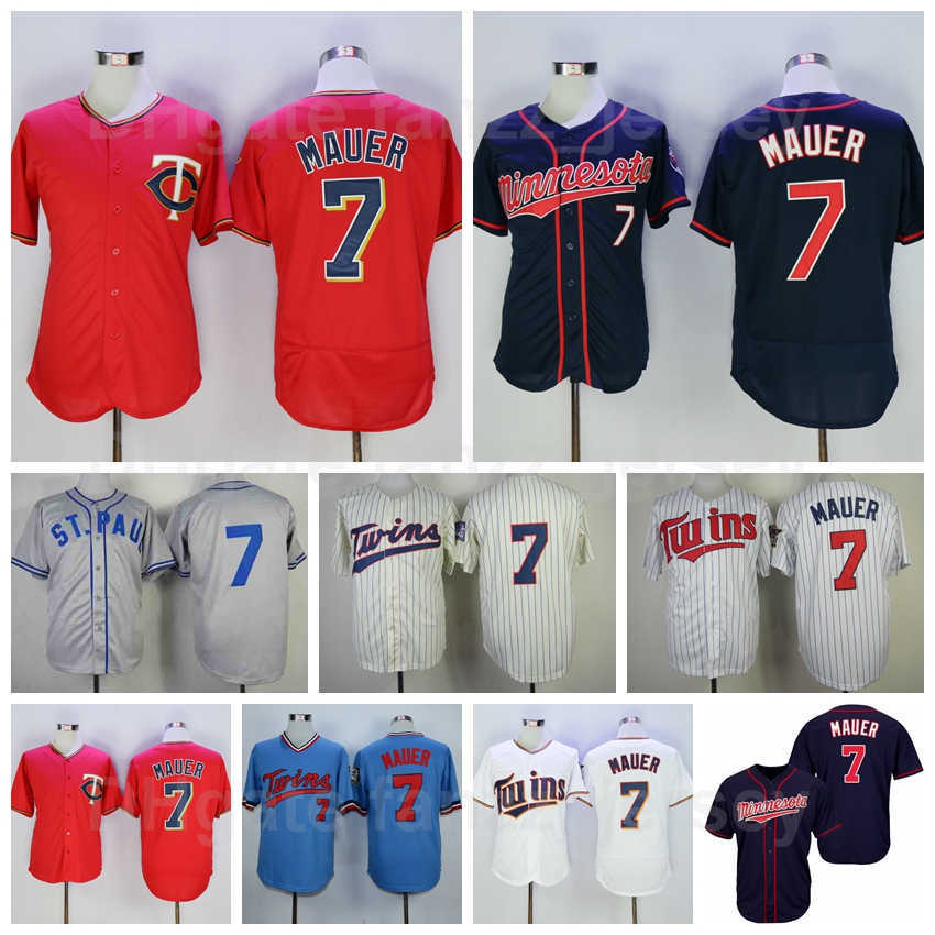 Jersey de baseball rétro 7 Joe Mauer 1948 Retour Retour Vintage FlexBase Cool Base Pullover Pinstripe Retraite Broderie et cousu sur bleu marine