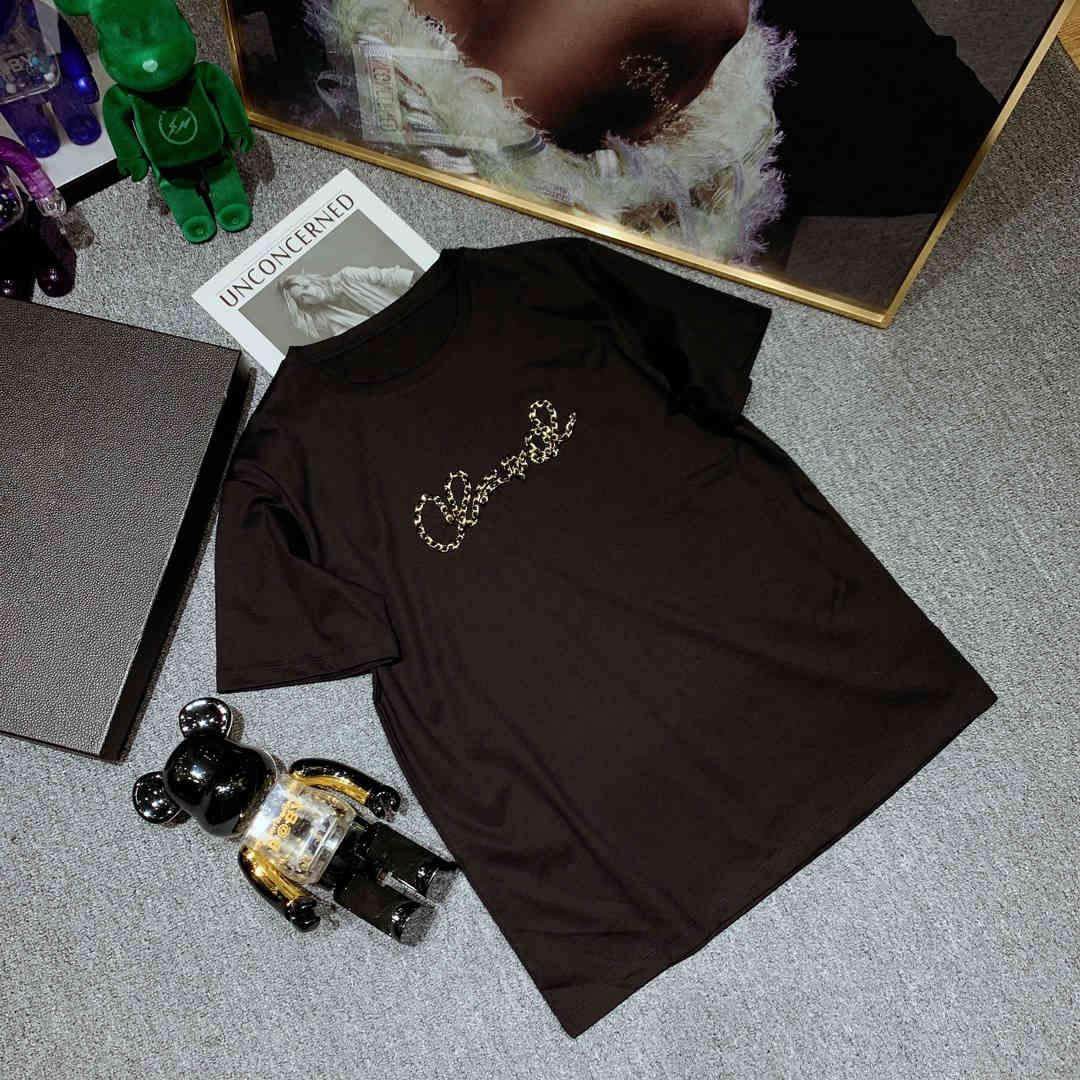 

new designer 2021 ms T-shirt stereo nail bead camellia garden round collar short sleeve T-shirt5, White