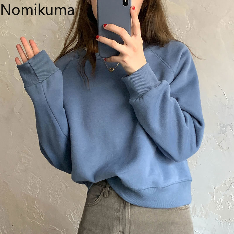 Nomikuma Autumn Winter New Fleece Pullover Sweatshirt Causal Long Sleeve O-neck Women Hoodies New Korean Top Jumpers 6D133 210427
