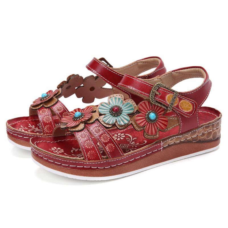 

Sandals Fashion Women Ankle Strap Stitching Lady Summer Flat Open Toe Beach Shoes Woman Casual Footwear D30, Red