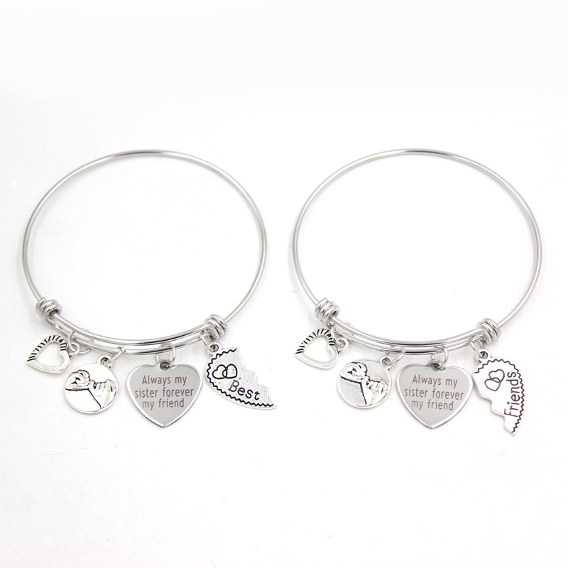 Gros bracelets et bracelets en fil d'acier inoxydable toujours ma soeur pour toujours mon ami coeur bracelet à breloques bracelet bijoux cadeau