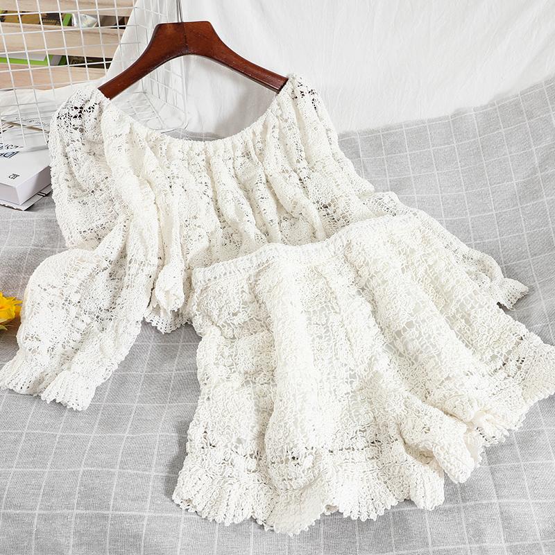 

Women Short Vintage Slash Neck Long Sleeve Shirt And Elastic Wide Leg Shorts Two Piece Set Casual Fashion Spring Summer 2021 Women's Tracksu, White