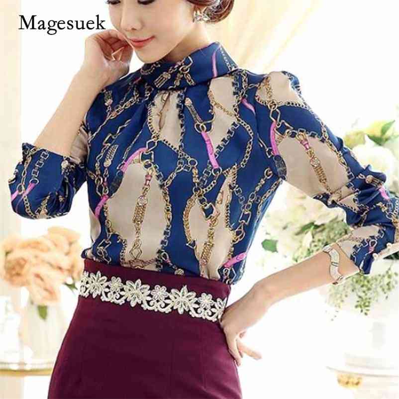 

Fashion Print Chiffon Blolouse O-Neck Office Lady Shirt Femininas Women Blouses Long Sleeve Blusas 1817 210518, Blue