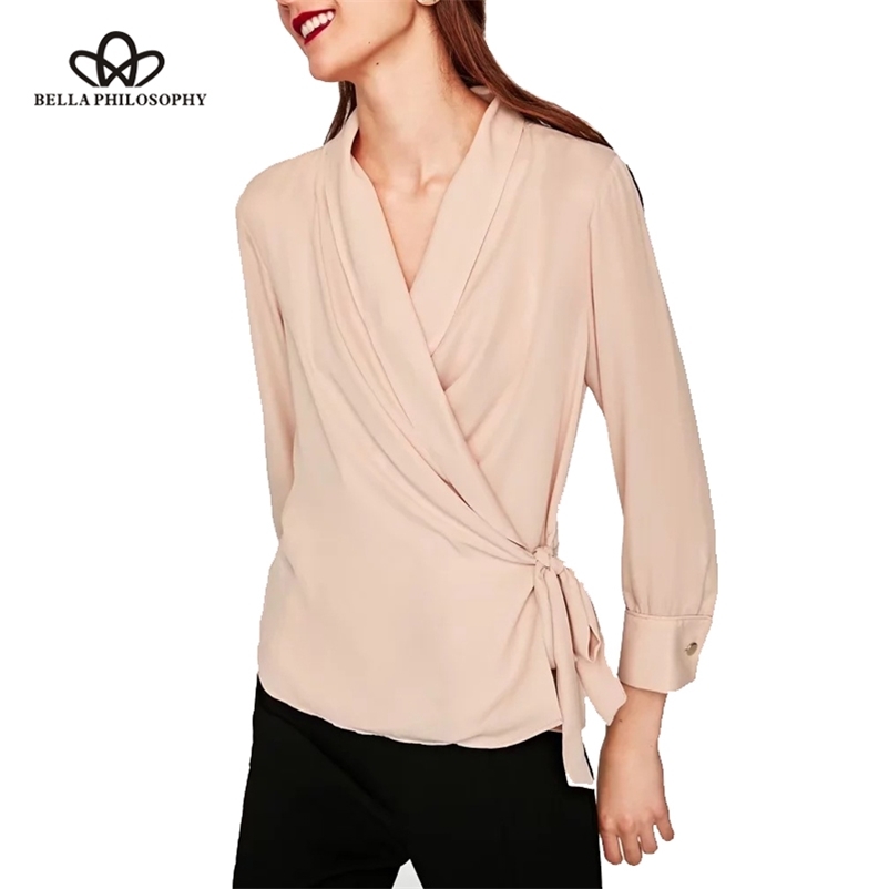 

shirt women autumn winter blouse elegant bow tie wrap chiffon 210519, Black